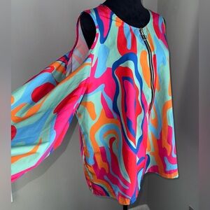 Chicme, Colorful Abstract Print Cold Shoulder Top with 3/4 Zip, Size XL